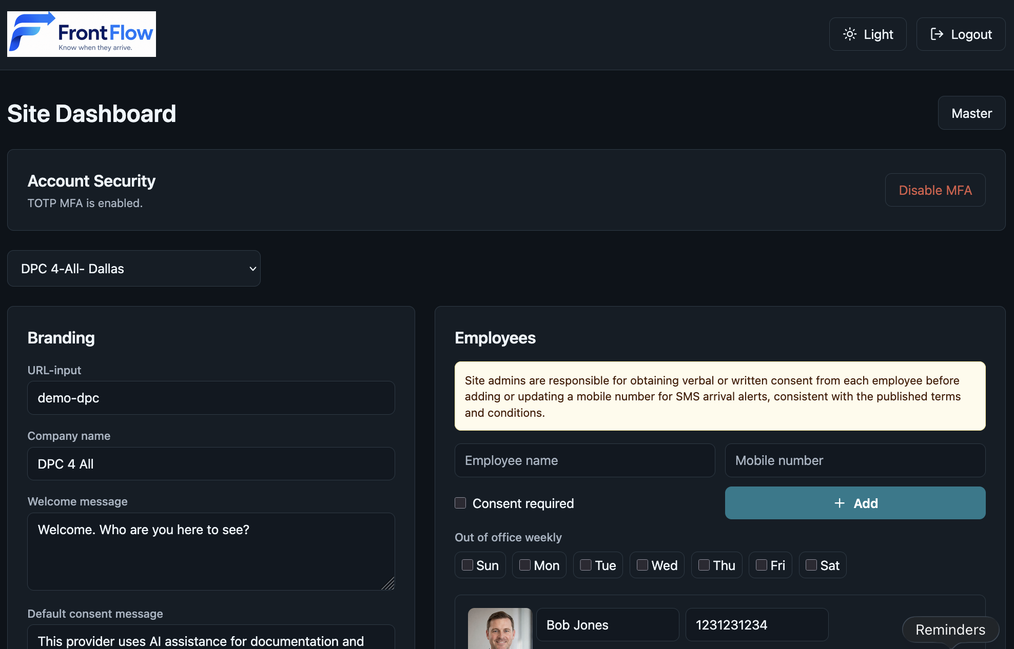 FrontFlow site dashboard showing branding and employee controls