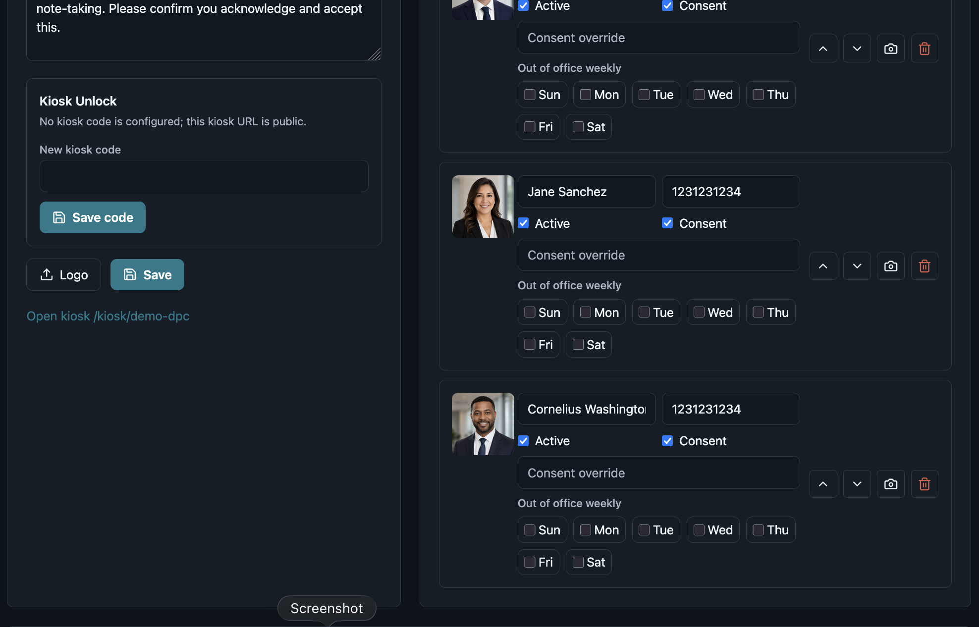 FrontFlow admin employee settings with consent and out of office controls