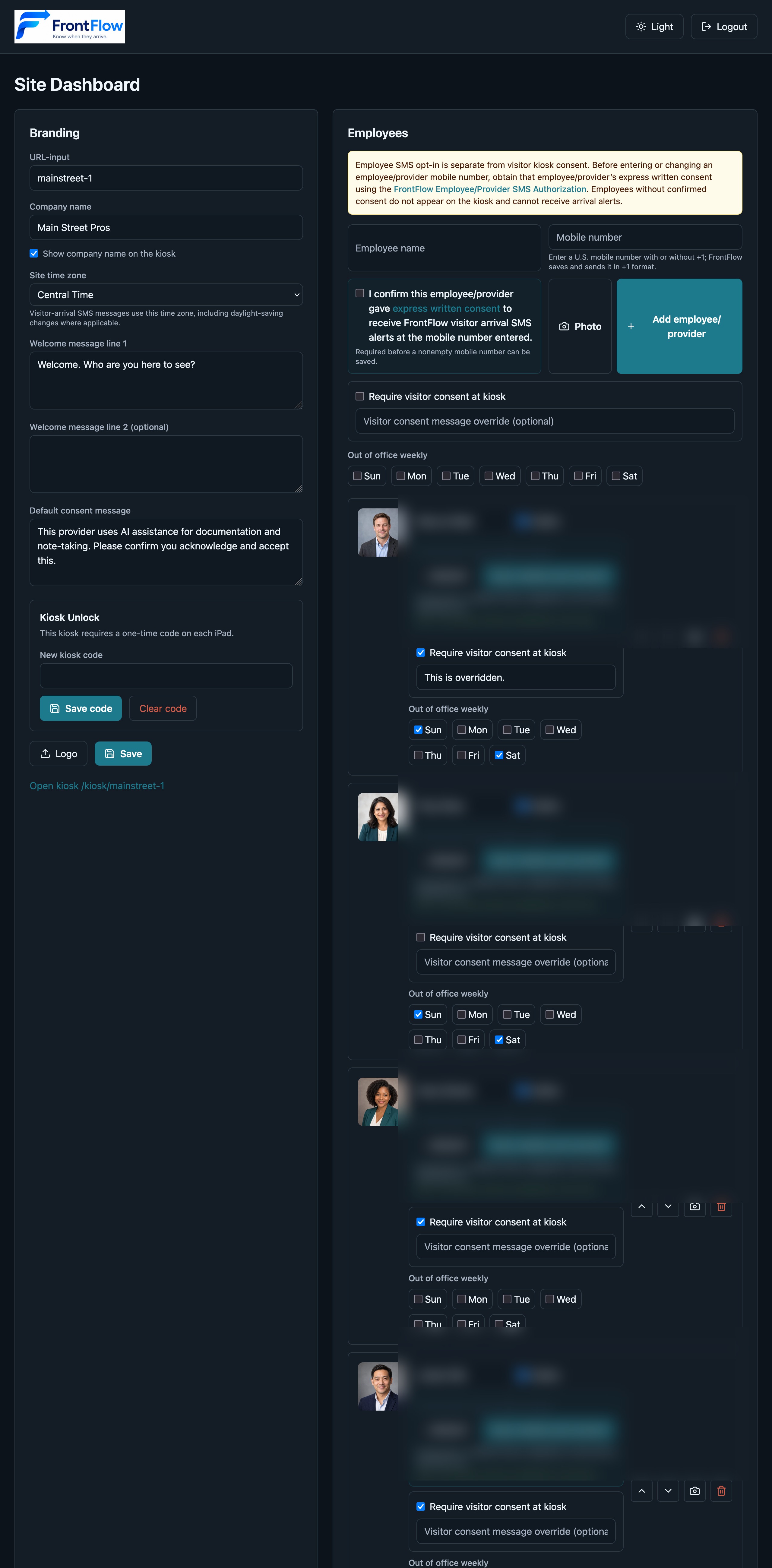 FrontFlow site dashboard showing branding settings and employee controls with mobile numbers redacted