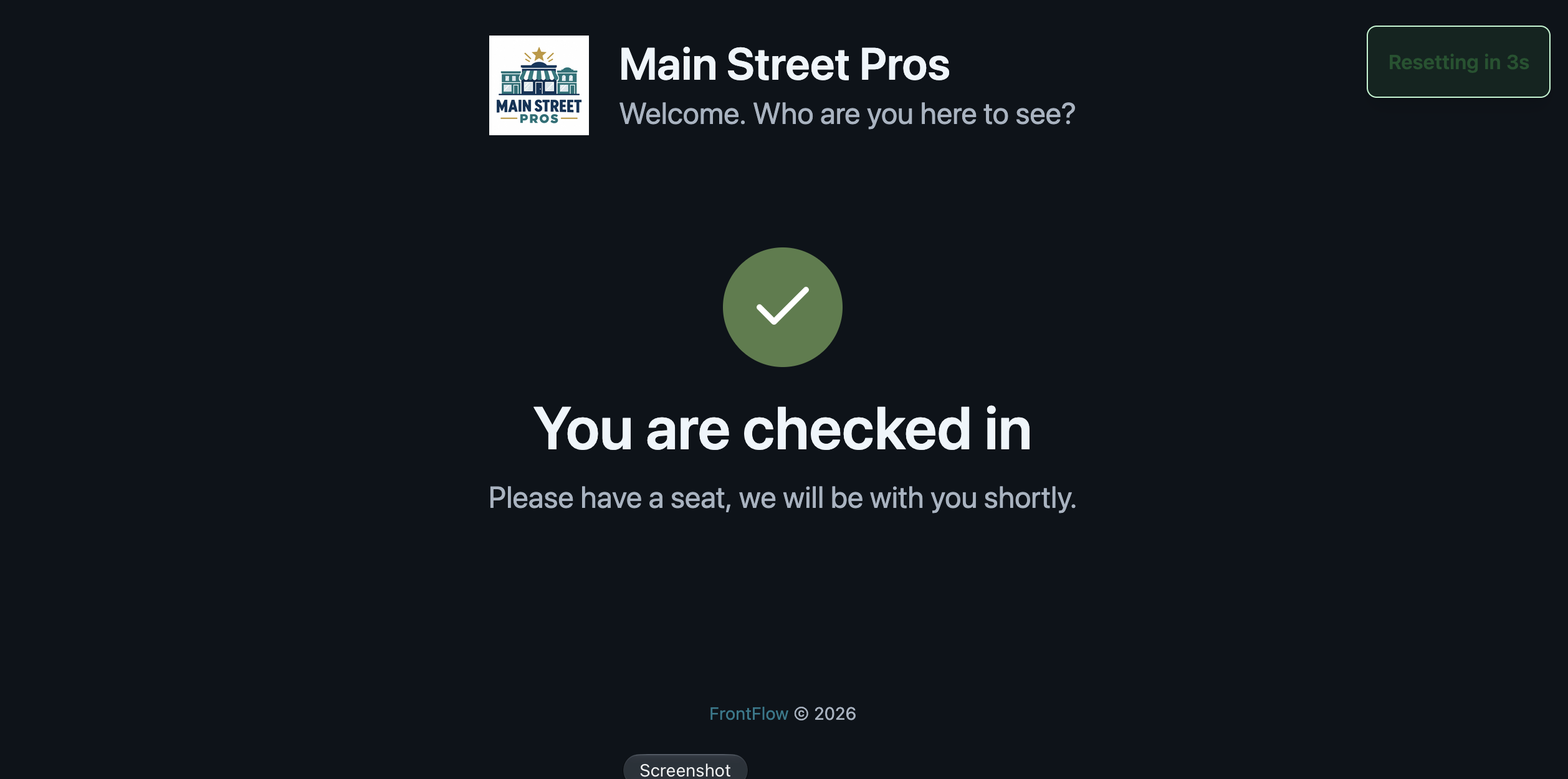FrontFlow kiosk successful check-in confirmation screen